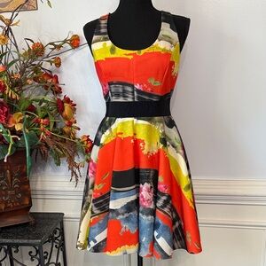 NWOT Milly Red Yellow Black Watercolor Sleeveless Structured Fit Flare Dress 4